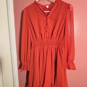 Coral long sleeve smocked-waist mini dress perfect for fall